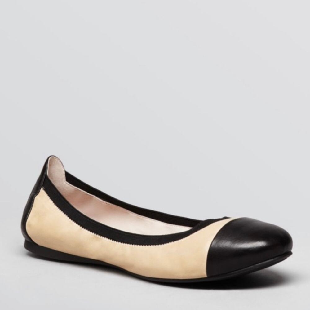 Vince Camuto Elisee Natural Beige Black Cap Toe Leather Ballet Flats Size 8.5